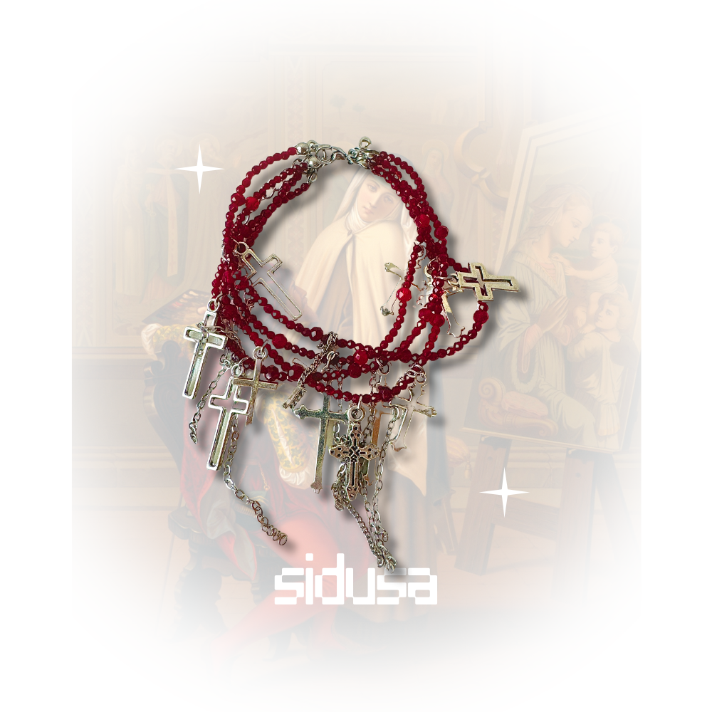 Y2K Cross Tassels Punk Rock Dark Red Beads Multi-layer Retro Bracelet for Women