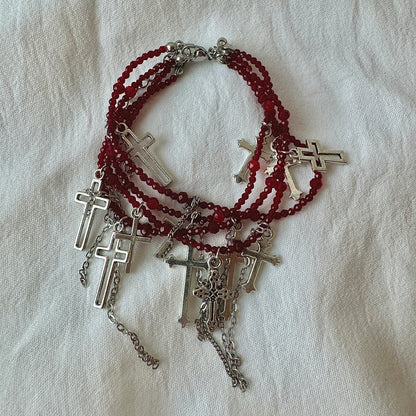 Y2K Cross Tassels Punk Rock Dark Red Beads Multi-layer Retro Bracelet for Women